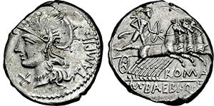 Denar. 137 v. Chr. Behelmter Romakopf l. Rs: ... 