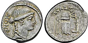 Denar. 46 v. Chr. Kopf der Juno Moneta r. ... 