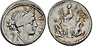 Denar. 56 v. Chr. Drapierte Dianabüste mit ... 