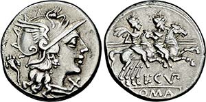 Denar. 147 v. Chr. Behelmter Romakopf r. ... 