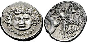 Denar. 47 v. Chr. Medusenkopf, an den Seiten ... 