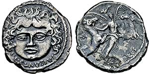 Denar. 47 v. Chr. Medusenkopf. Rs: Victoria ... 