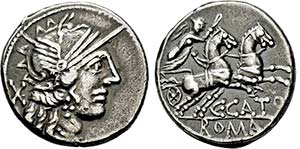 Denar. 123 v. Chr. Behelmter Romakopf r., ... 