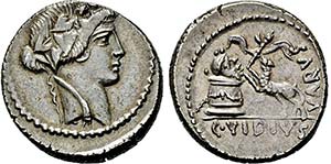 Denar. 42 v. Chr. Liber- oder Bacchuskopf ... 