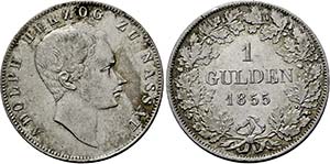 Adolph. 1839-1866, Wiesbaden.1 Gulden 1855 . ... 