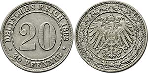 20 Pfennig 1890 A, D, E, F, G, J und 1892 A, ... 