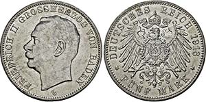 Friedrich II. 1907-1918, Karlsruhe.5 Mark ... 
