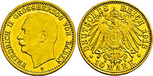 Friedrich II. 1907-1918, Karlsruhe.10 Mark ... 