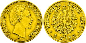 Ludwig II. 1864-1886, München.5 Mark 1877 ... 