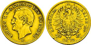 Johann. 1854-1873, Dresden.20 Mark 1872 E.   ... 