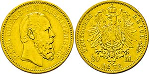 Karl I. 1864-1891, Stuttgart.20 Mark 1872 F. ... 