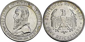 Stuttgart.5 Reichsmark 1927 F (450 Jahre ... 