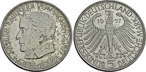 Hamburg.5 Deutsche Mark 1957 J (100. ... 