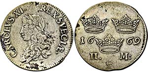 Karl XI. 1660-1697, Stockholm.2 Mark 1669 ... 