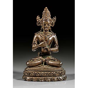 Sitzende Buddhastatue. Bronze. Er trägt ... 