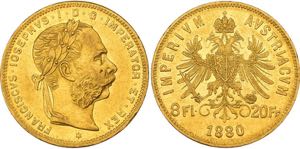 Franz Joseph I. 1848-1916, Wien.8 Gulden (20 ... 