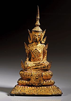 Sitzende Buddhastatue. Vergoldete Bronze mit ... 