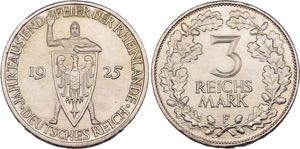 3 Reichsmark 1925 F (fast St), G (vz) und J ... 