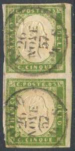 Sardegna 5 centesimi verde giallo del 1857, ... 