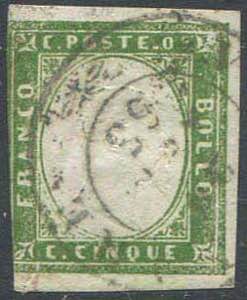 Sardegna 5 centesimi verde giallo del 1855, ... 