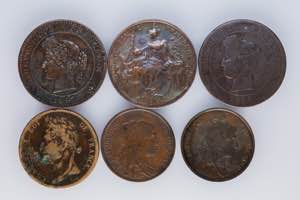 A lot containing 6 copper French coins from ... 