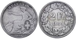 Switzerland. 2 Francs AR 1860 B ... 