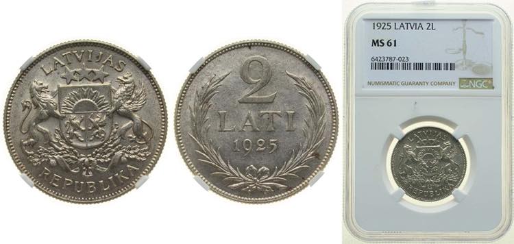 Latvia Republic 1925 2 Lati Silver ... 