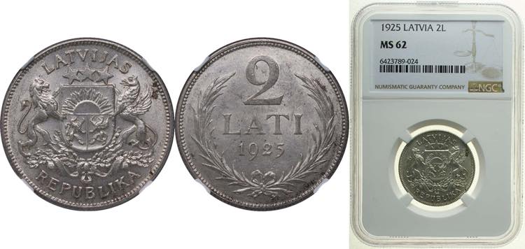 Latvia Republic 1925 2 Lati Silver ... 