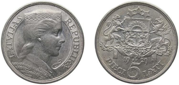 Latvia Republic 1929 5 Lati Silver ... 