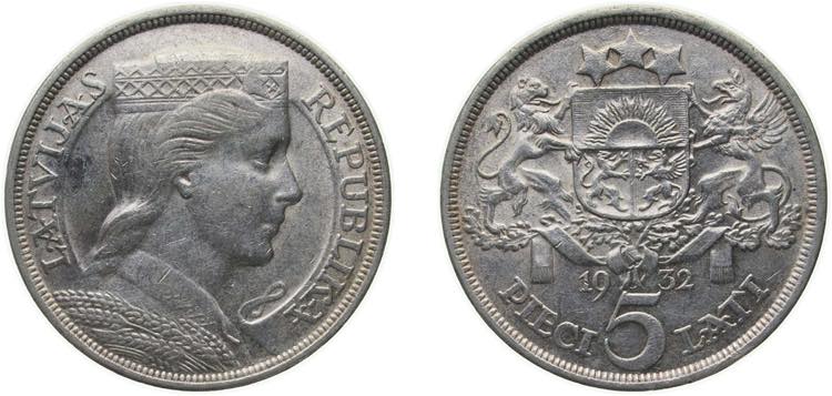 Latvia Republic 1932 5 Lati Silver ... 