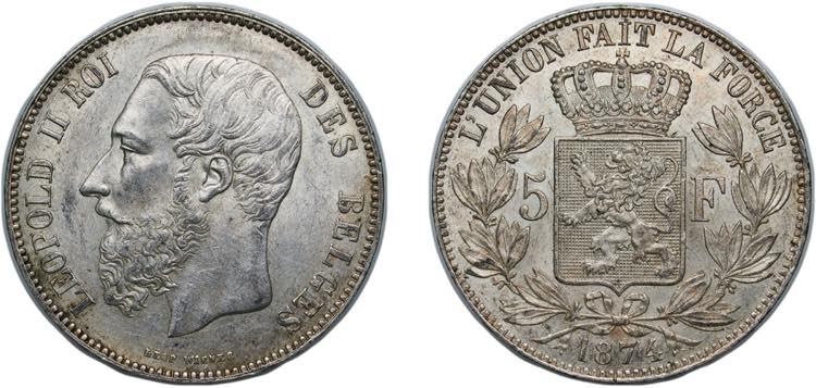 Belgium 1874 5 Francs - Léopold ... 