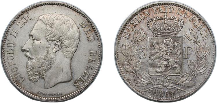 Belgium Kingdom 1867 5 Francs - ... 