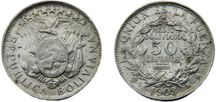 BOLIVIA 1903 PTS MM 1/2 BOLIVIANO ... 