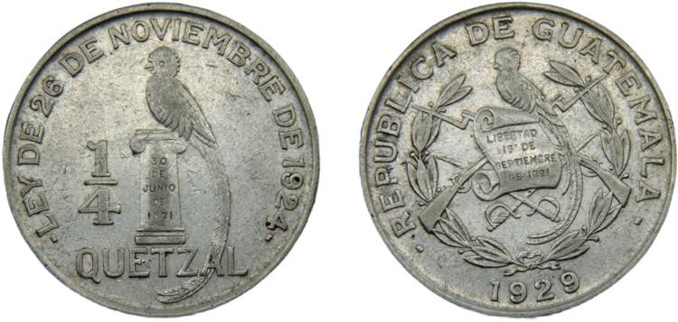 GUATEMALA 1929 ¼ QUETZAL SILVER ... 
