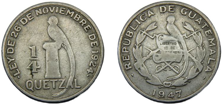 GUATEMALA 1947 ¼ QUETZAL SILVER ... 