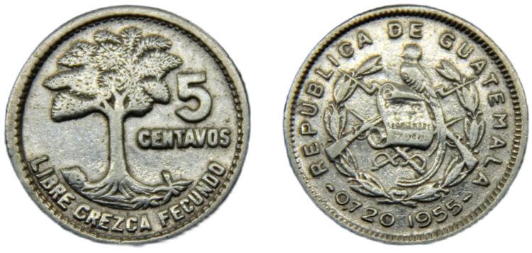 GUATEMALA 1955 5 CENTAVOS SILVER ... 
