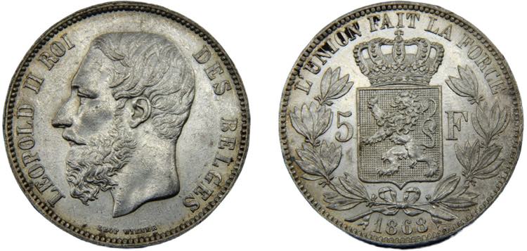 BELGIUM Leopold II 1868 5 FRANCS ... 