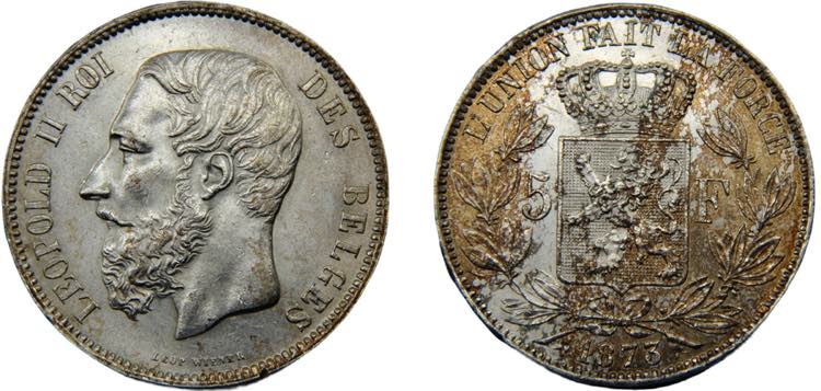 BELGIUM Leopold II 1873 5 FRANCS ... 