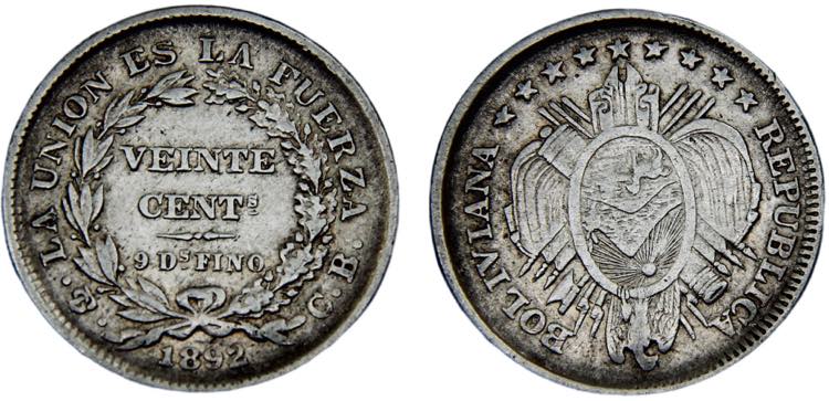 Bolivia Republic 20 Centavos 1892 ... 
