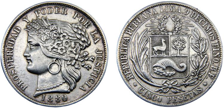 Peru Republic 5 Pesetas 1880 BF ... 