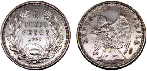 Chile Republic 5 Pesos 1927 So ... 