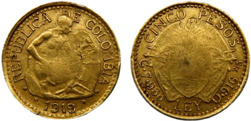 Colombia Republic 5 Pesos 1919 ... 