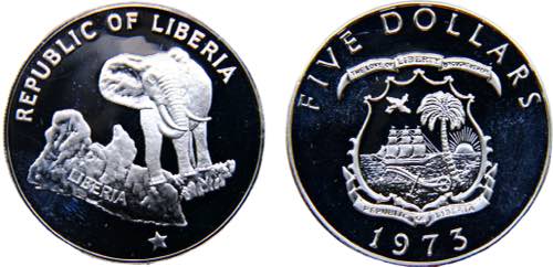 Liberia Republic 5 Dollars 1973 ... 