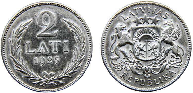 Latvia Republic 2 Lati 1925 Silver ... 