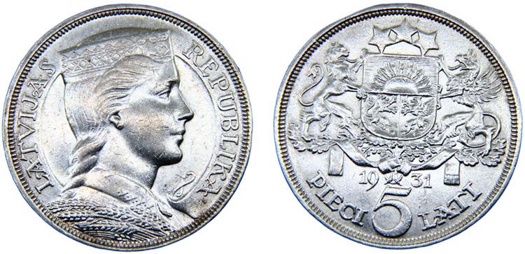 Latvia Republic 5 Lati 1931 Silver ... 