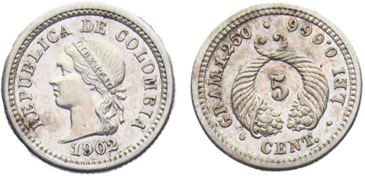 Colombia Republic 5 Centavos 1902 ... 