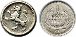 GUATEMALA 1868 Republic 1/4 REAL SILVER 0.8g