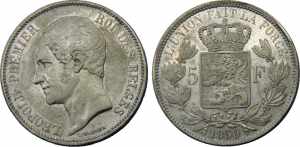 BELGIUM 1850 Leopold I  5 FRANCS SILVER 24.9g