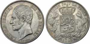BELGIUM 1865 Leopold I  5 FRANCS SILVER 25.1g