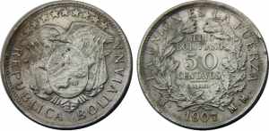 BOLIVIA 1907 PTS MM Potosi mint,Rare(Mintage ... 